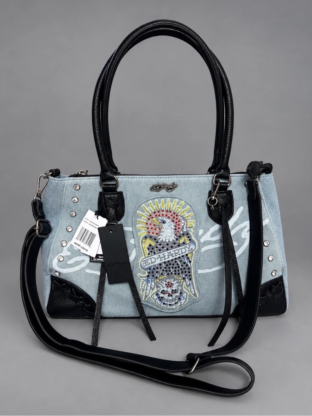 Ed Hardy Light Blue Denim Shoulder Bag with Black Trim and Studs